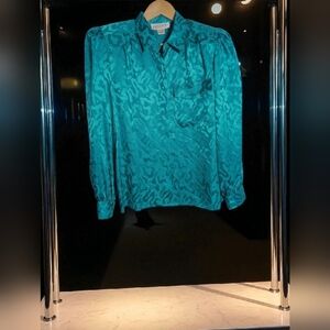 Vintage Pat Argenti Silk Sz Patterned Teal Long Sleeve Shirt Sz 12 NWT